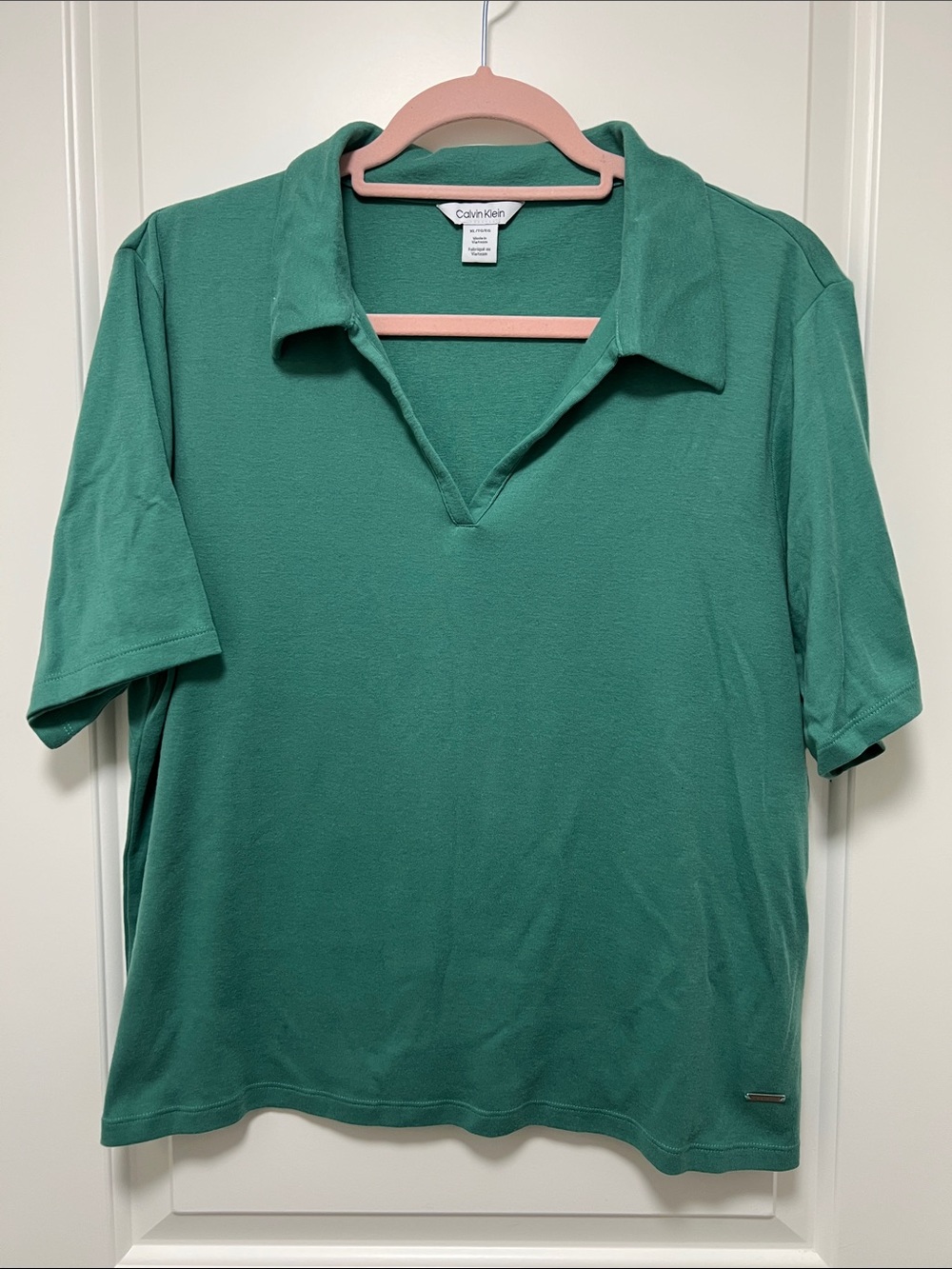 Calvin Klein Women's Teal Green Polo V-Notch Short Sleeve Top